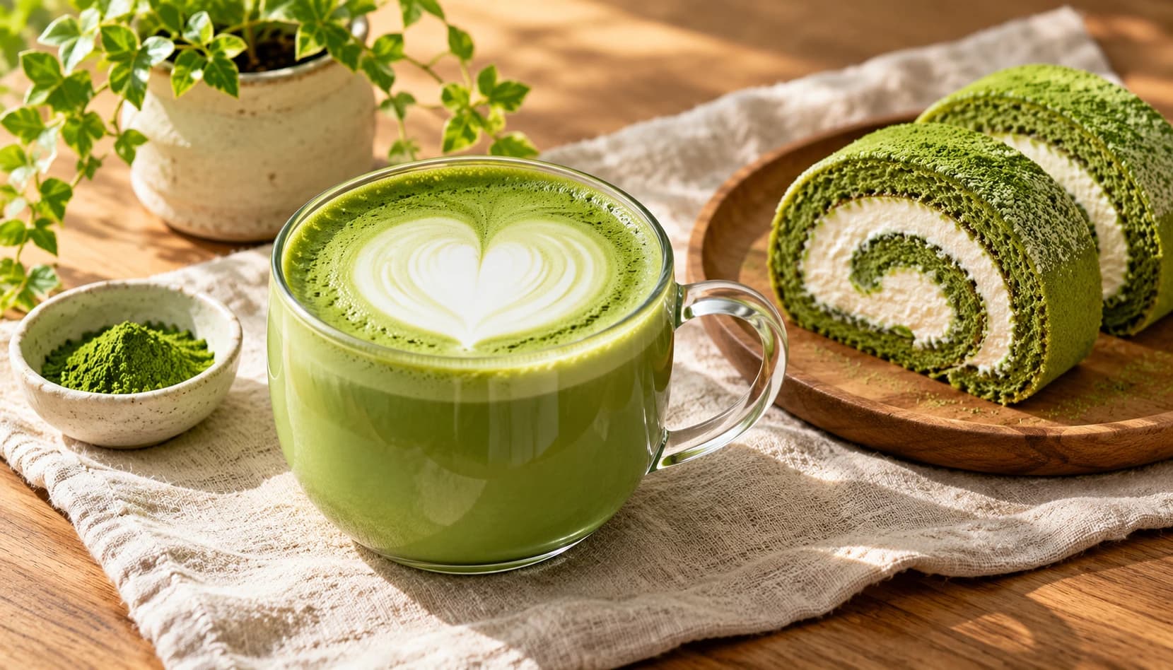 Matcha latte with heart-shaped foam, matcha roll cake and tea ingredients
