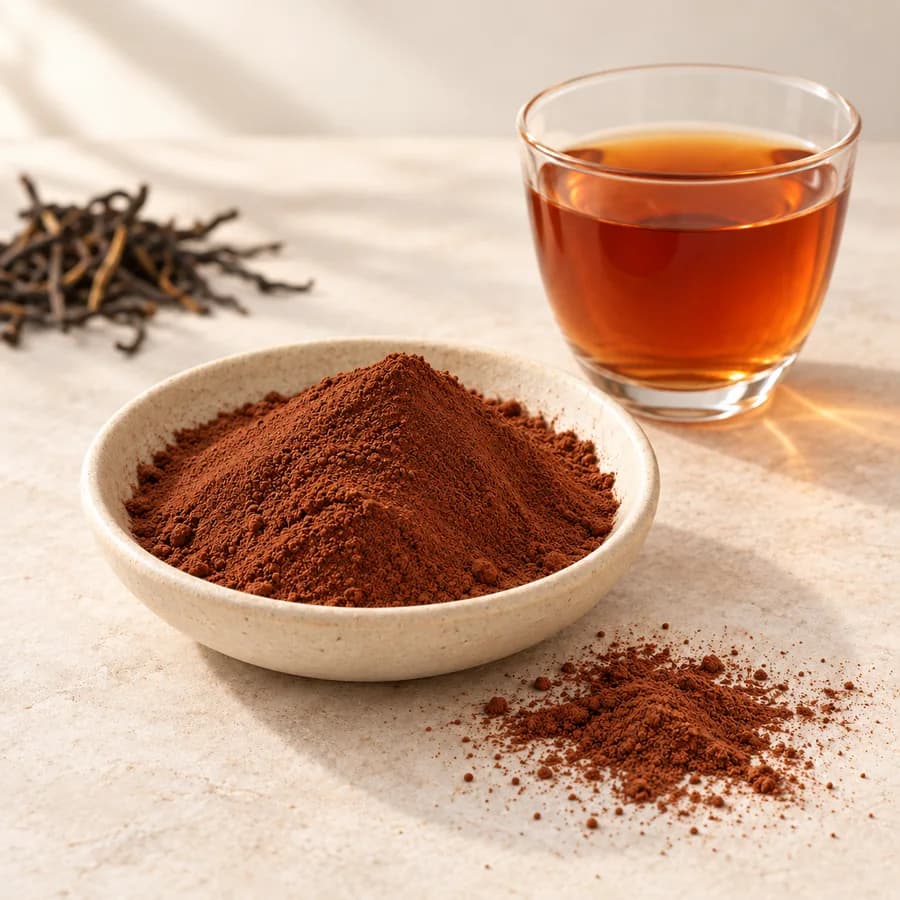 Instant tea powder in an ivory dish beside amber tea