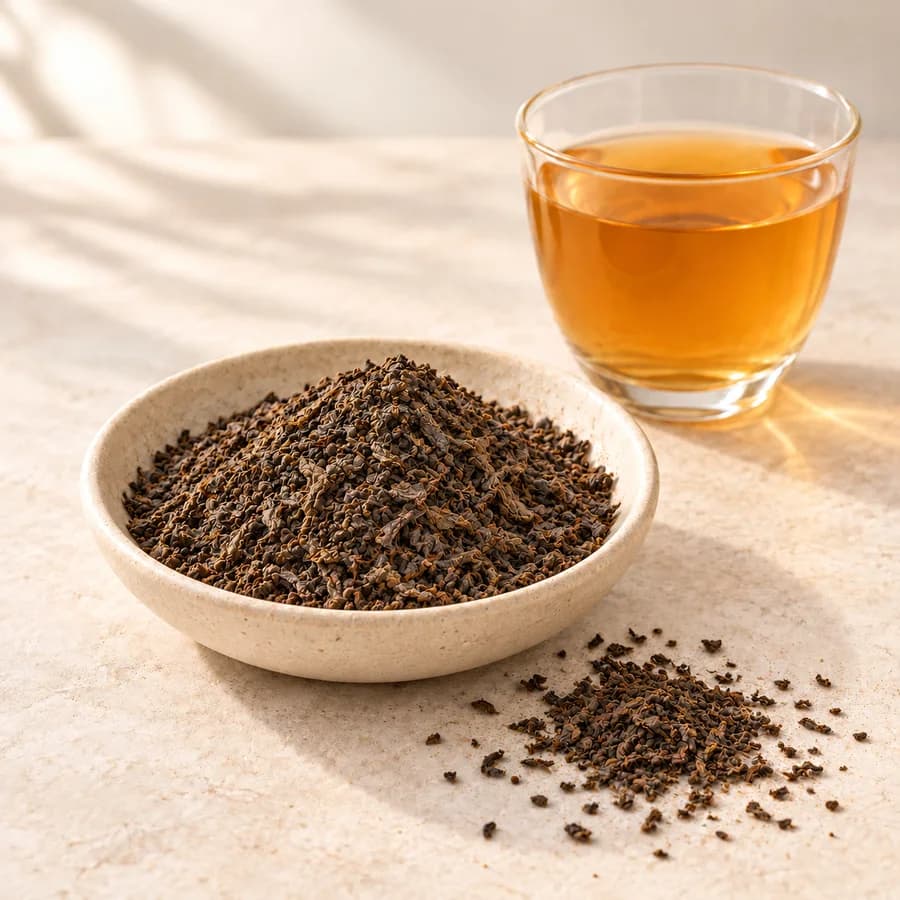 Dry broken tea leaf pieces in an ivory dish beside amber tea